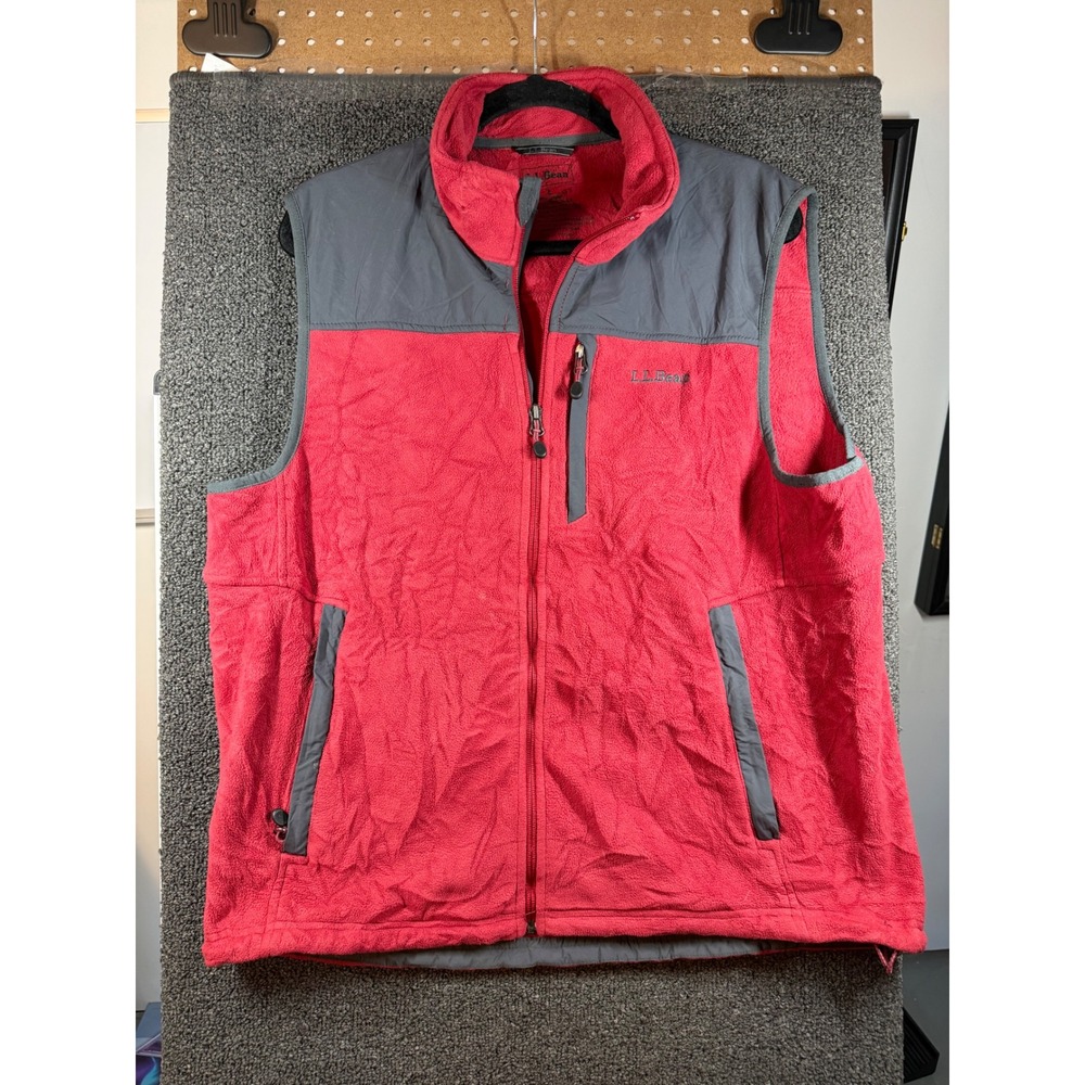 L.L. Bean Fleece Vest Mens Large Red Gray Full Zip Mock Neck Pockets